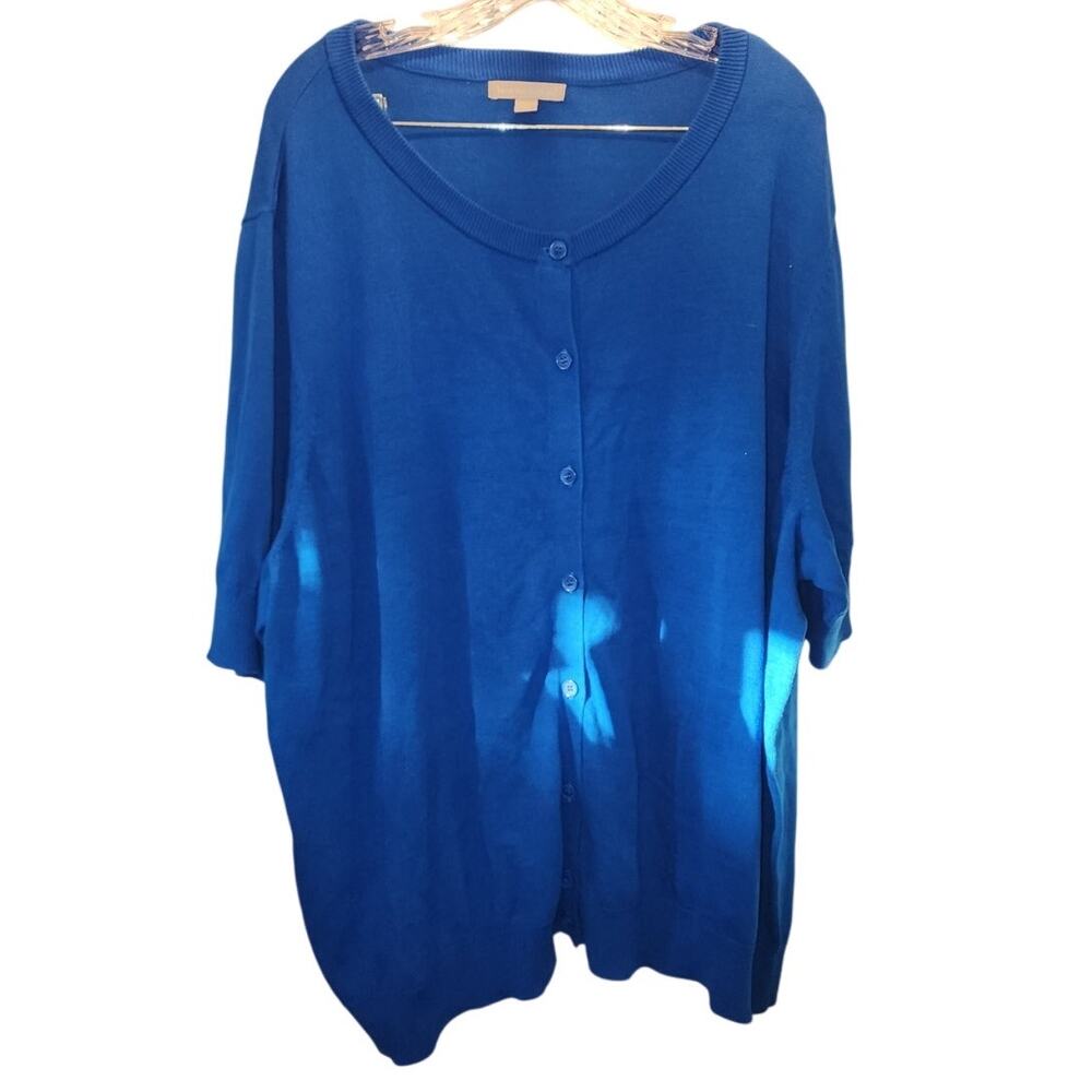 Woman Within Blue Short Sleeve Button Down Knit Sweater Plus Size 3X